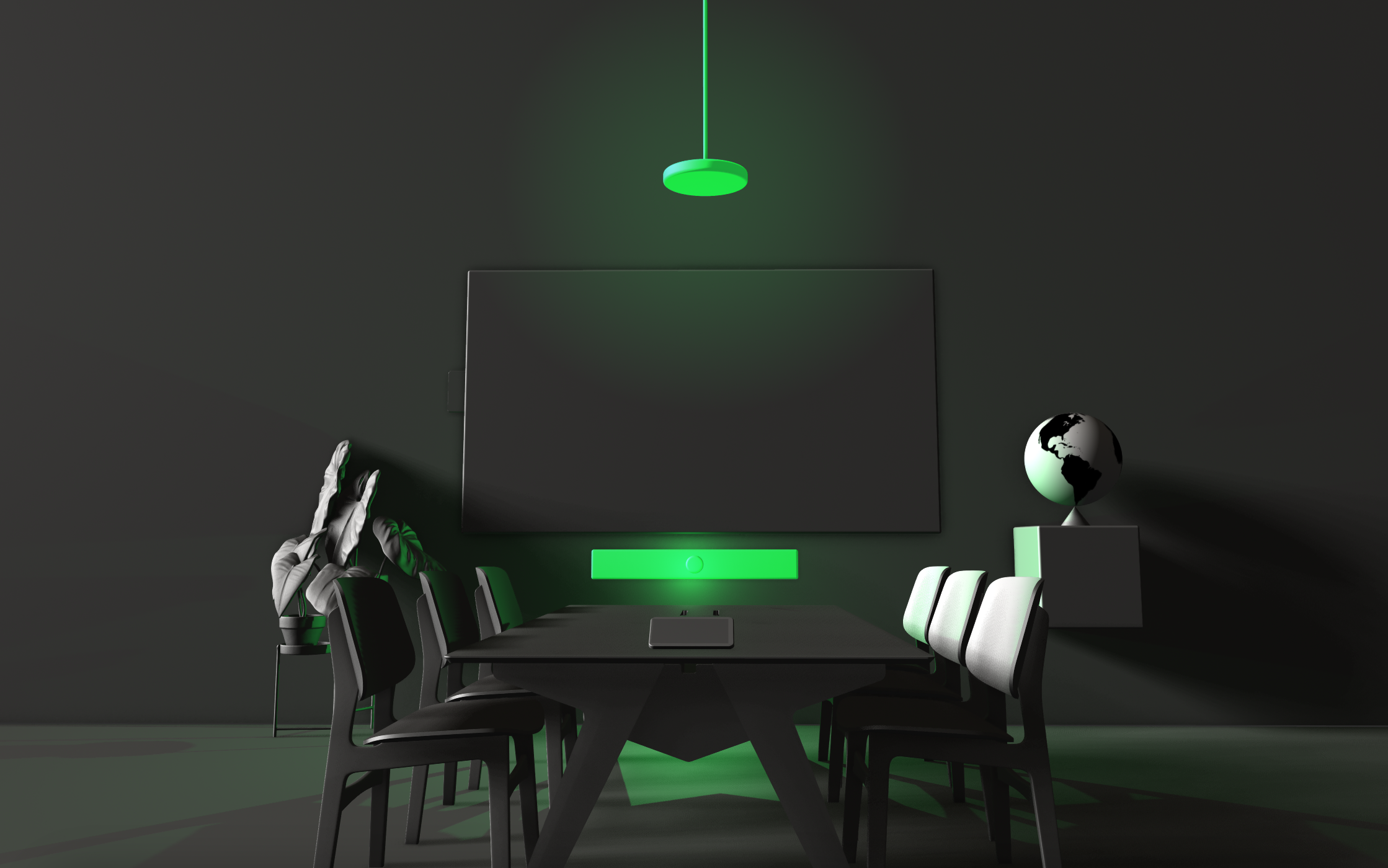 Modern conference room with a long table, black chairs, a large blank screen, a globe on a pedestal, and green ambient lighting.
