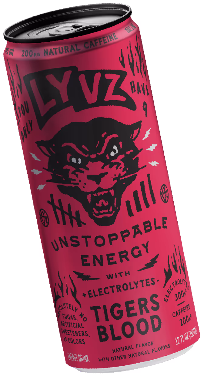 Red and Black LYVZ Energy Drink – Tigers Blood flavor.