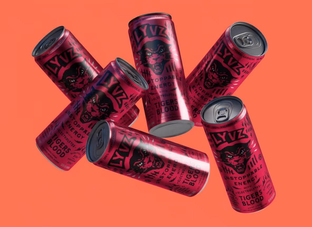 Six red Tiger Blood cans branded LYVZ with black tiger face logo and text 'Unstoppable Energy with Electrolytes Tigers Blood' on an orange background.