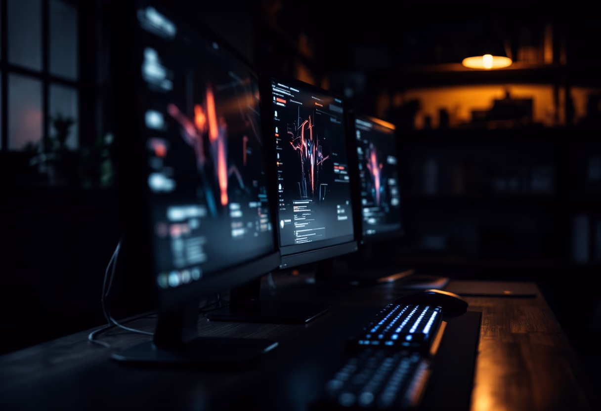 Three computer monitors on a desk showing colorful abstract data visualizations in a dark room with a glowing keyboard.