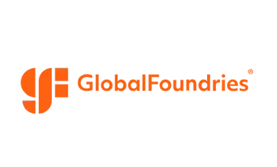 GlobalFoundries logo in orange text with stylized GF symbol.