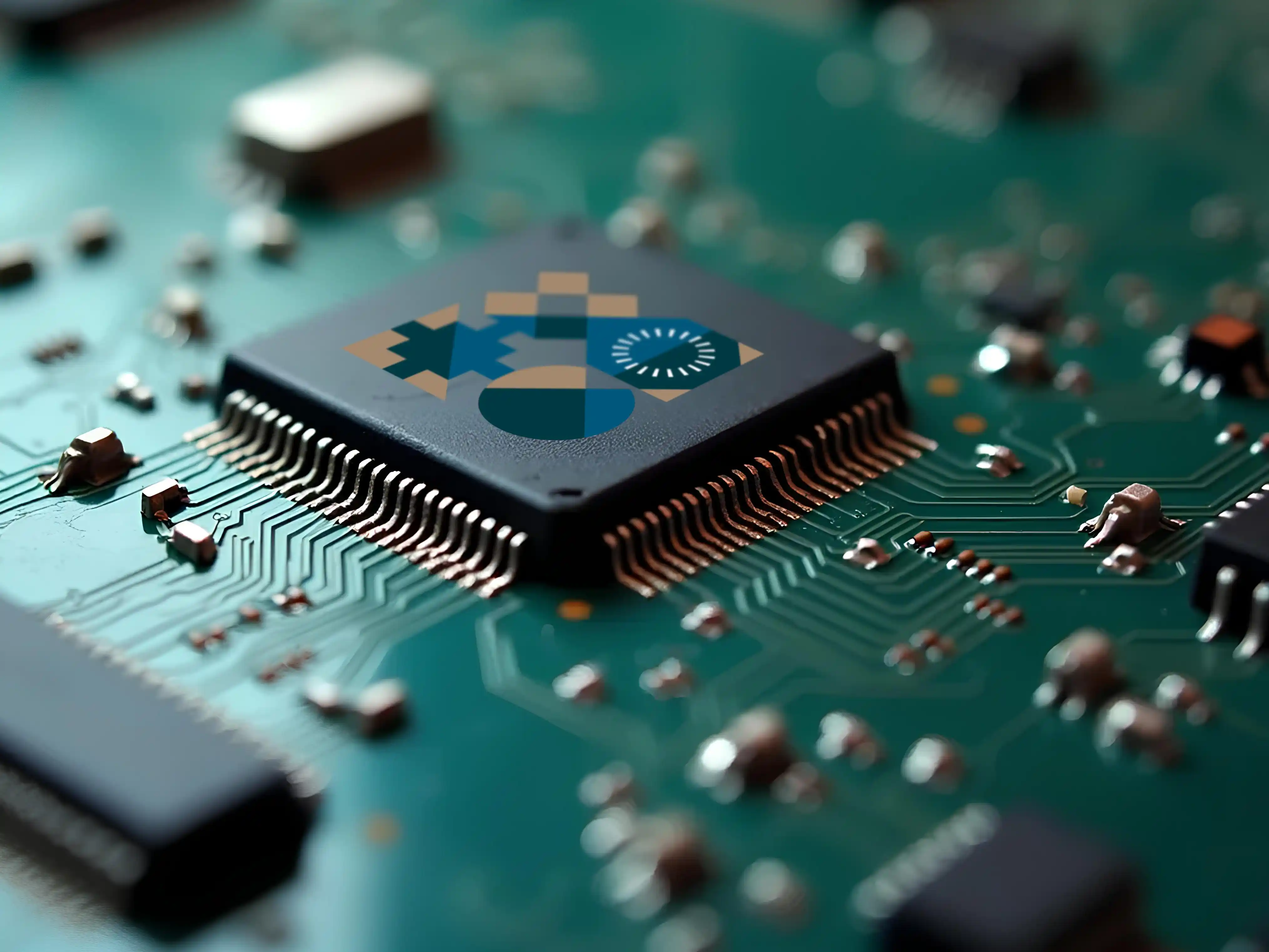 Close-up of a microchip with copper pins soldered to a green circuit board.