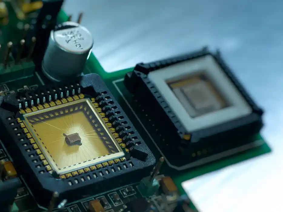 Close-up of a computer chip mounted on a green circuit board with electronic components.