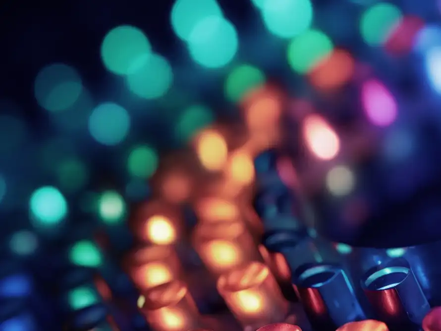 Abstract close-up of multicolored blurred lights and reflective circular objects creating a bokeh effect.