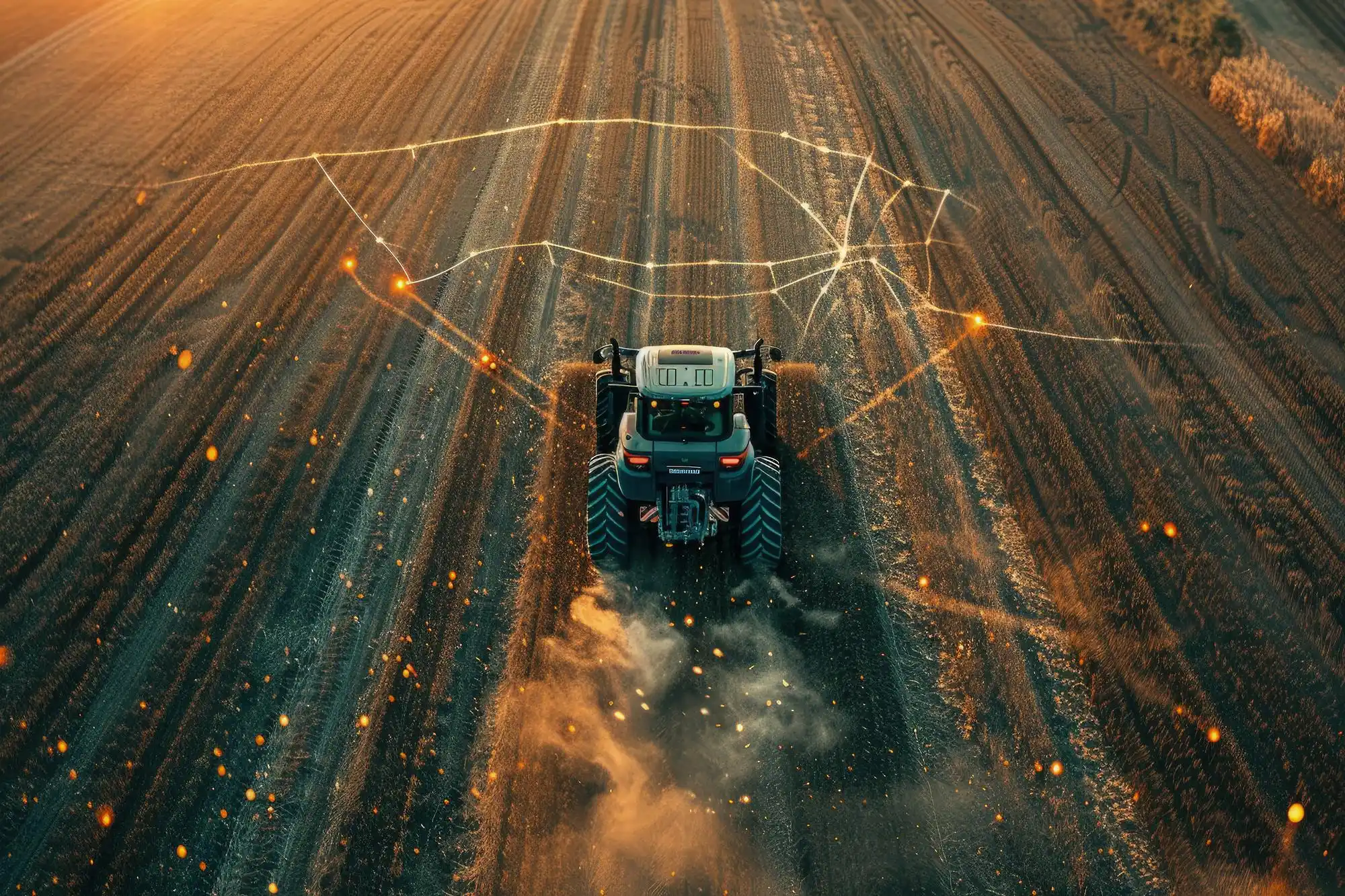 A tractor working on a field with overlaid glowing digital lines representing precision agriculture technology.