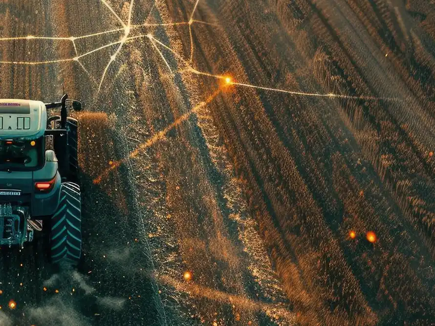 A tractor plowing a field at sunset with light streaks suggesting precision agriculture technology.