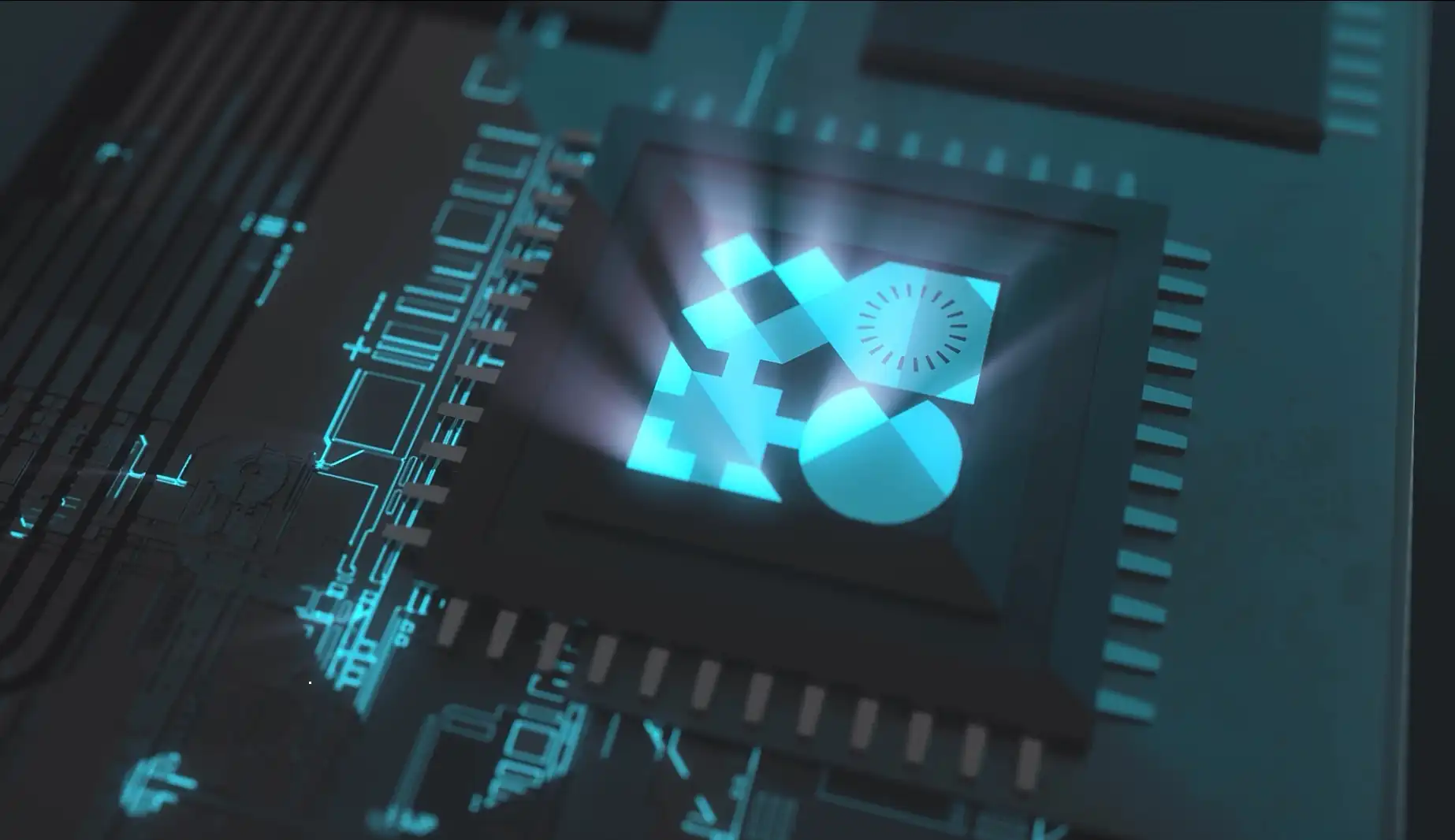 Close-up of a glowing computer chip on a circuit board emitting blue light beams.