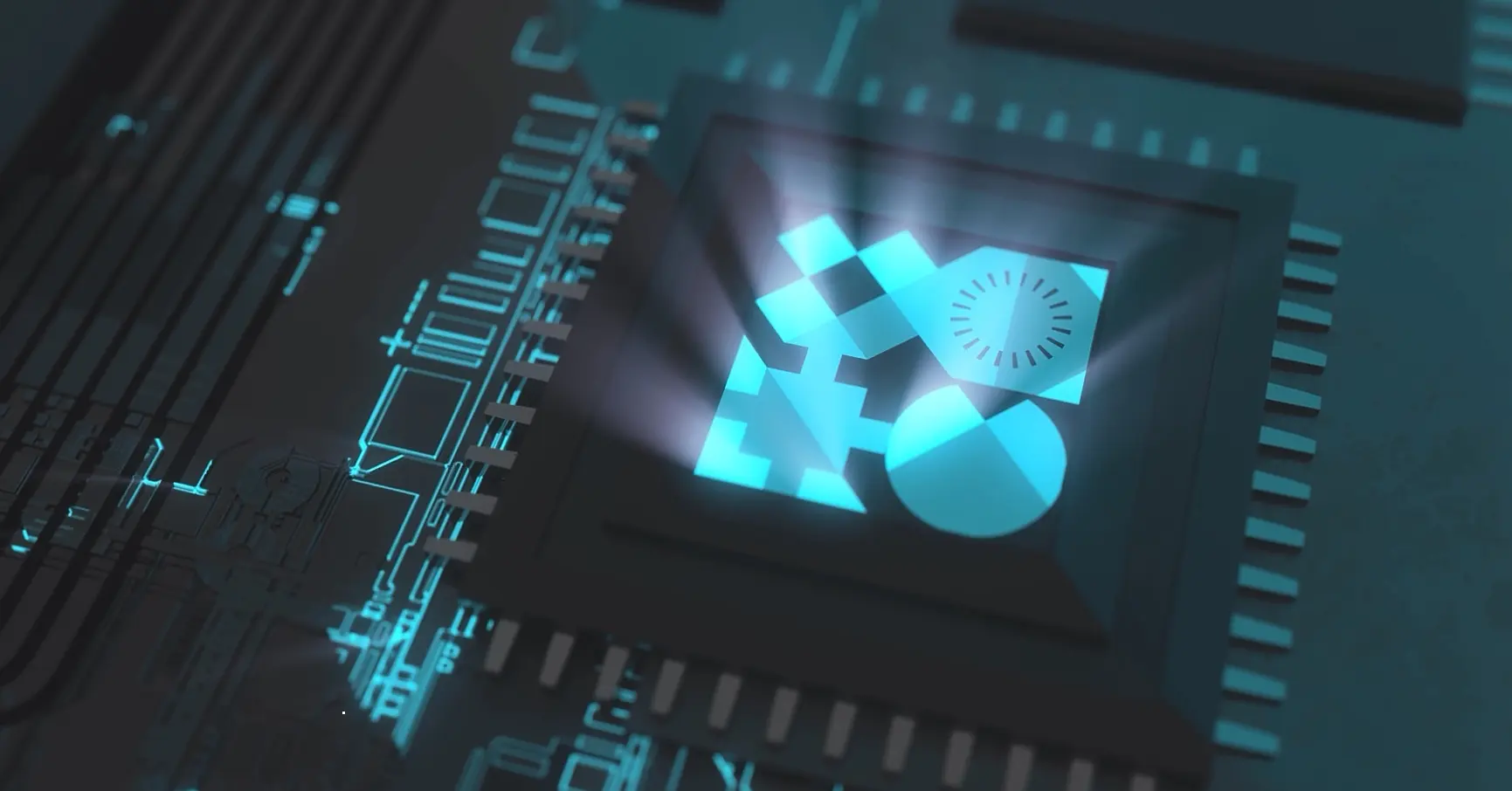 Close-up of a glowing microchip on a circuit board emitting blue light with digital symbols displayed on the chip.