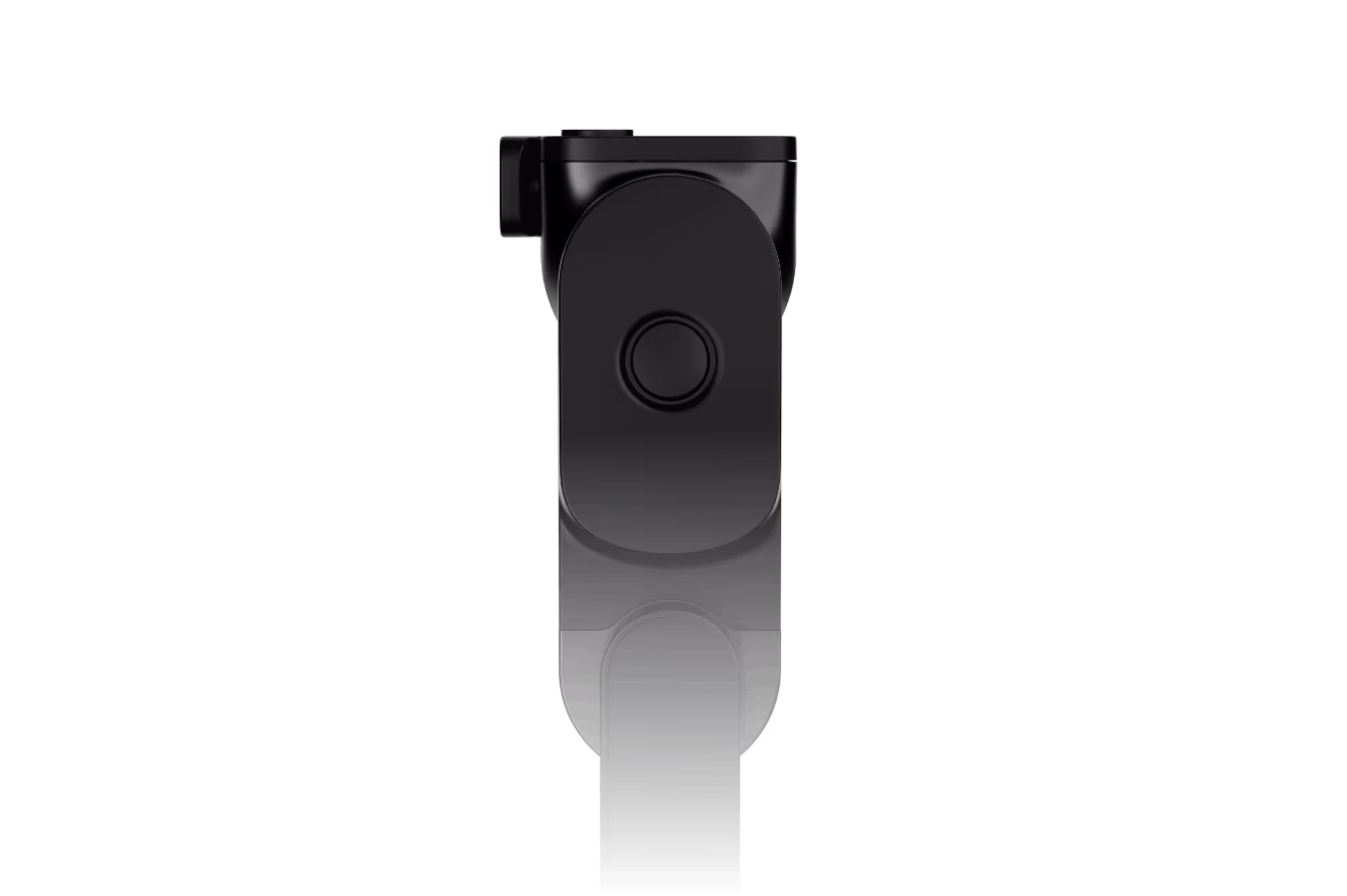 Top view of a black adjustable mechanical arm or clamp with a central circular button on a black background.