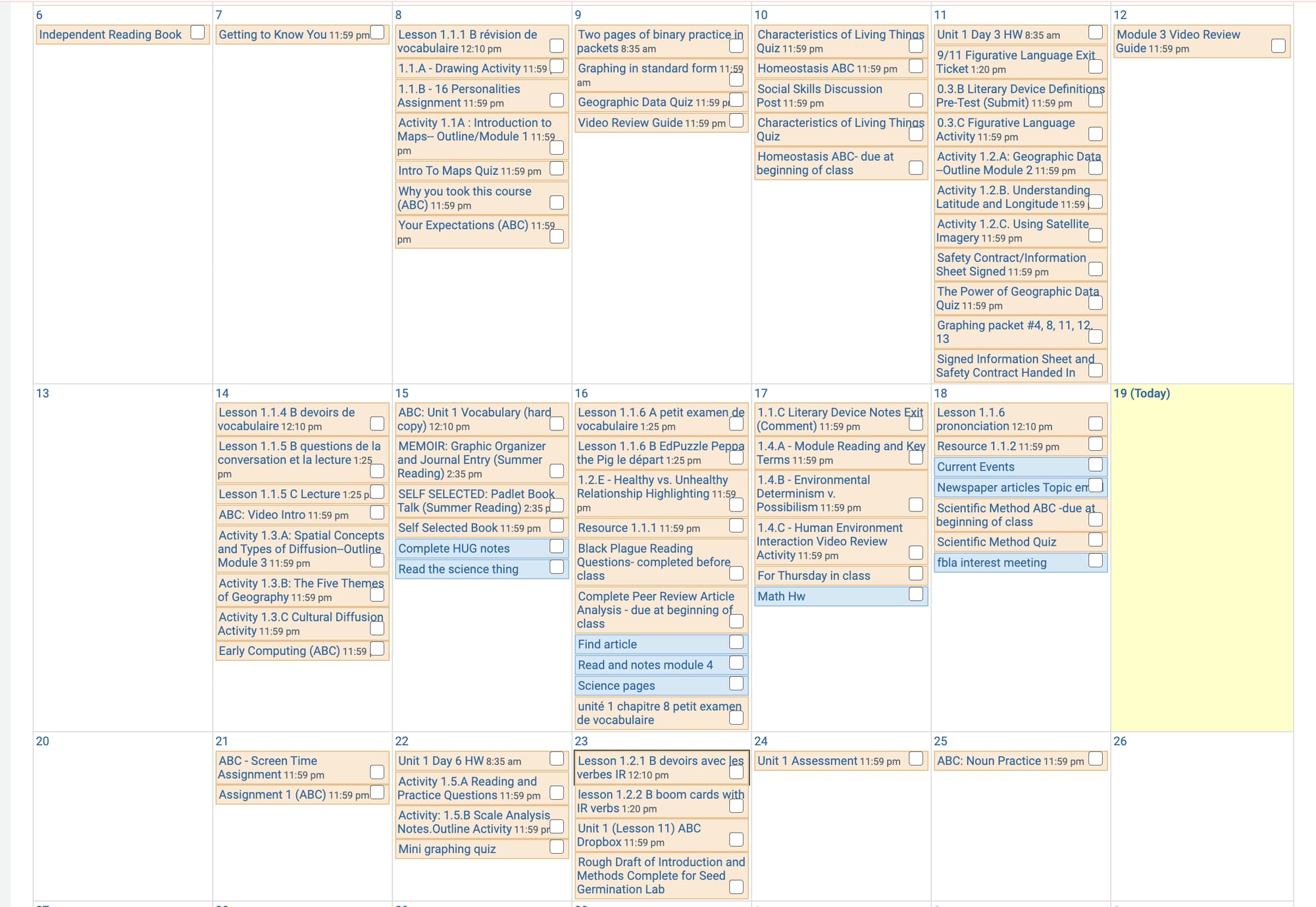 A screenshot of a Schoology calendar showing several school assignments, quizzes, and tests scheduled across multiple days, illustrating how workloads can build up throughout the week.