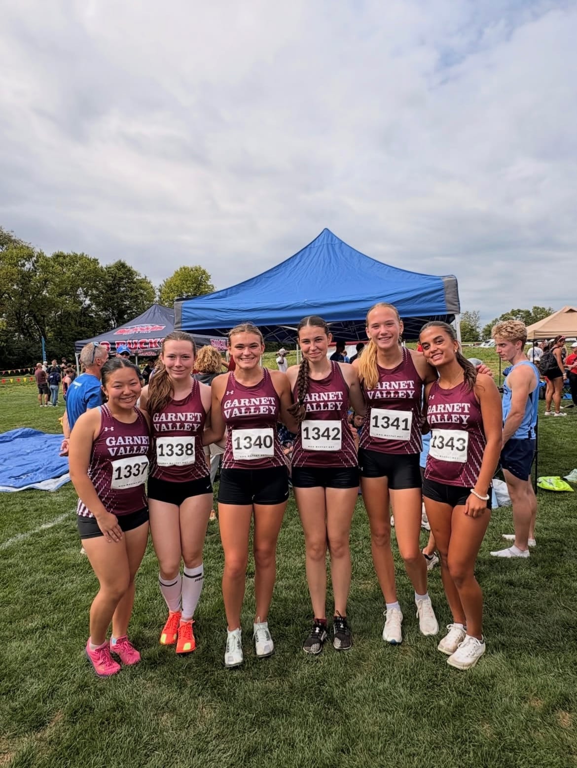 GV Cross Country Varsity Runners. Kayla Byun, Paige Carmichael, Kaitlyn King, Ciara O'Shaughnessy, Juliet Mellinger, and Reena Shah (pictured from left to right)