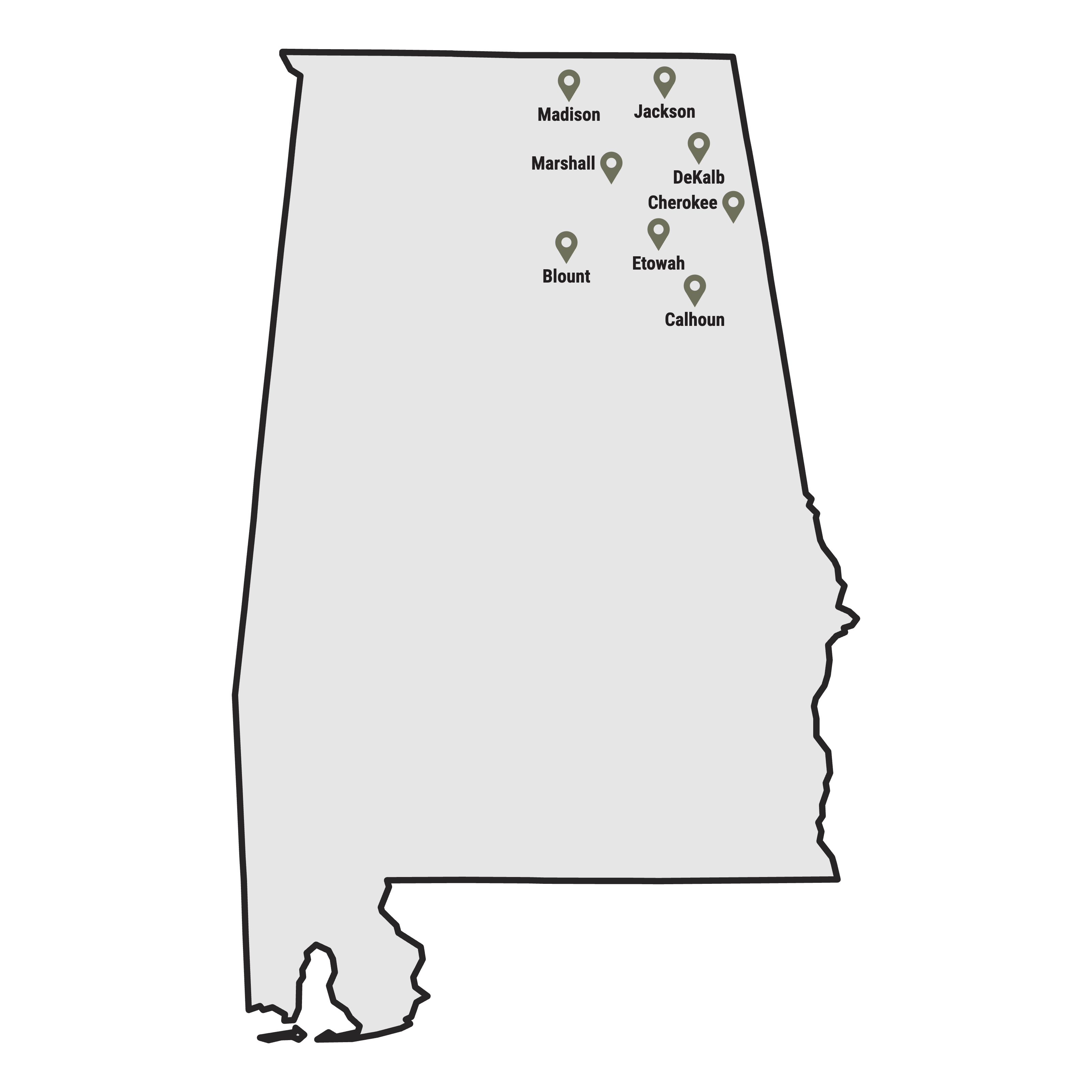 Map of Alabama showing Madison, Jackson, Marshall, DeKalb, Cherokee, Etowah, Blount, and Calhoun counties marked with pins.