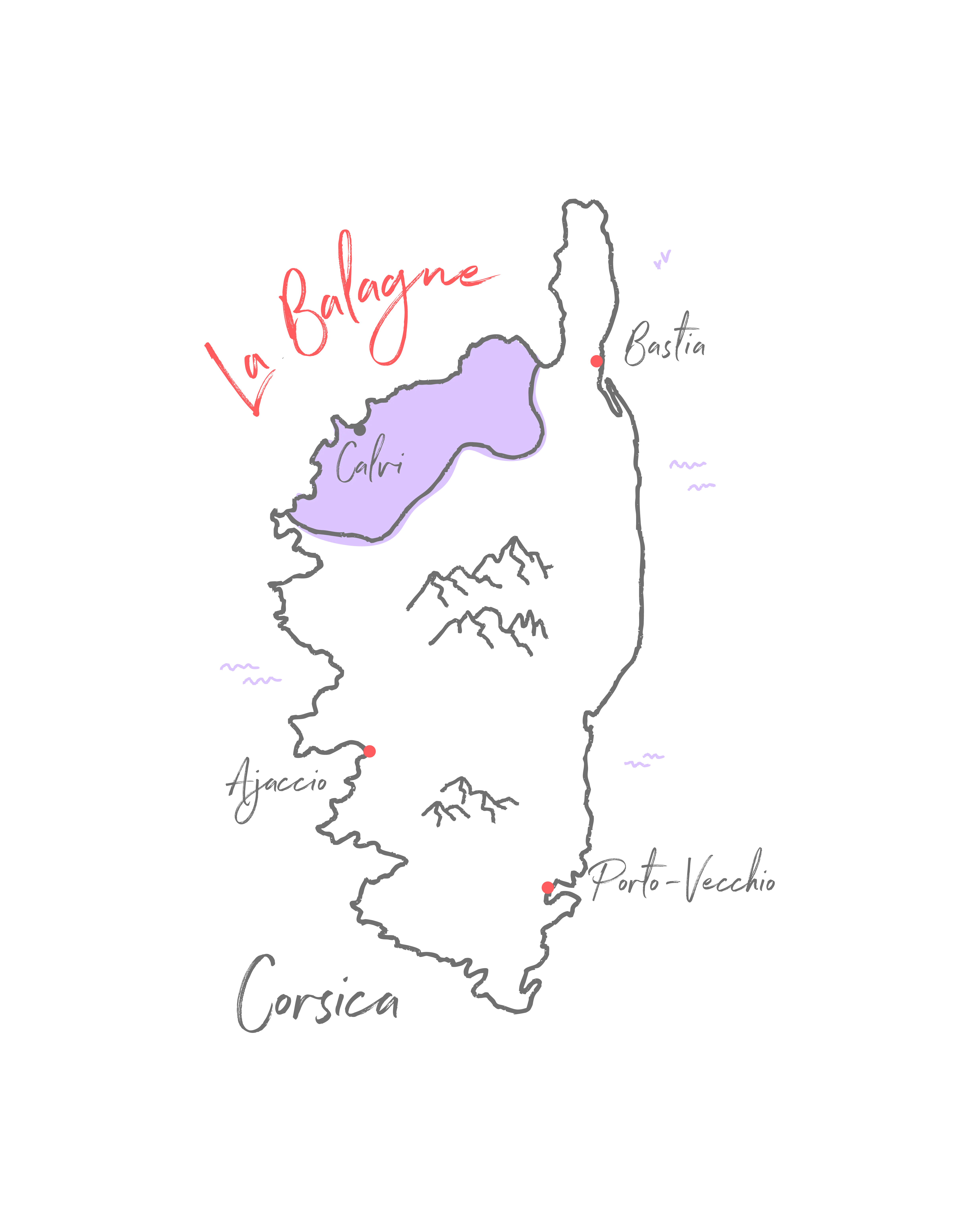 La région de Balagne est mise en valeur sur une carte (région du nord ouest de la corse)