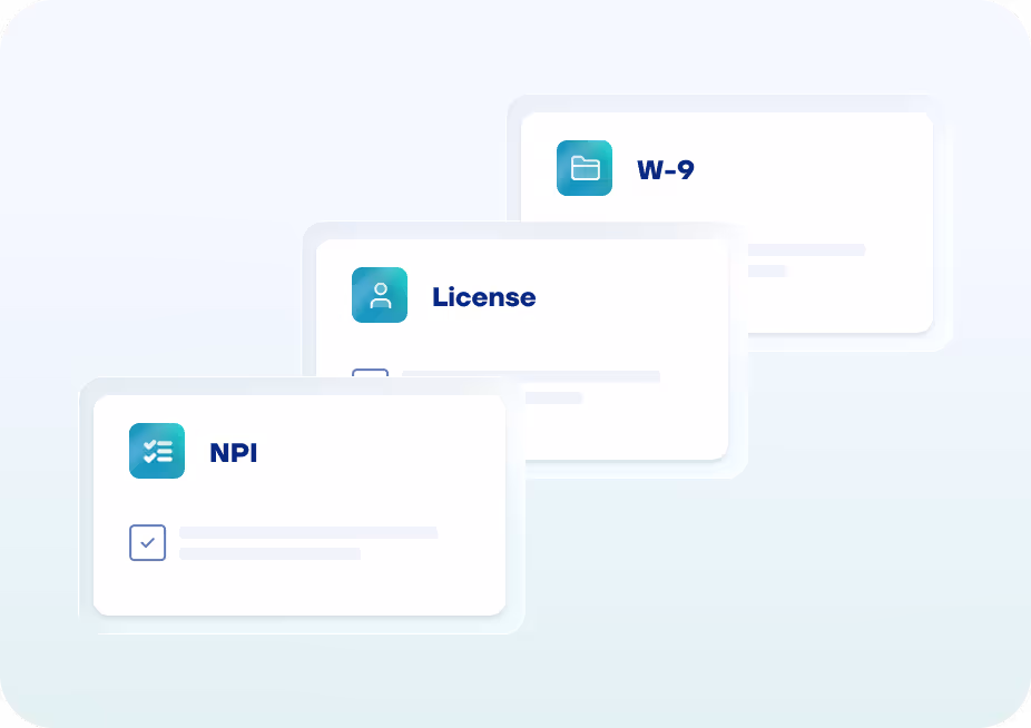 Three floating cards labeled NPI with checklist icon, License with user icon, and W-9 with folder icon on a light blue background.