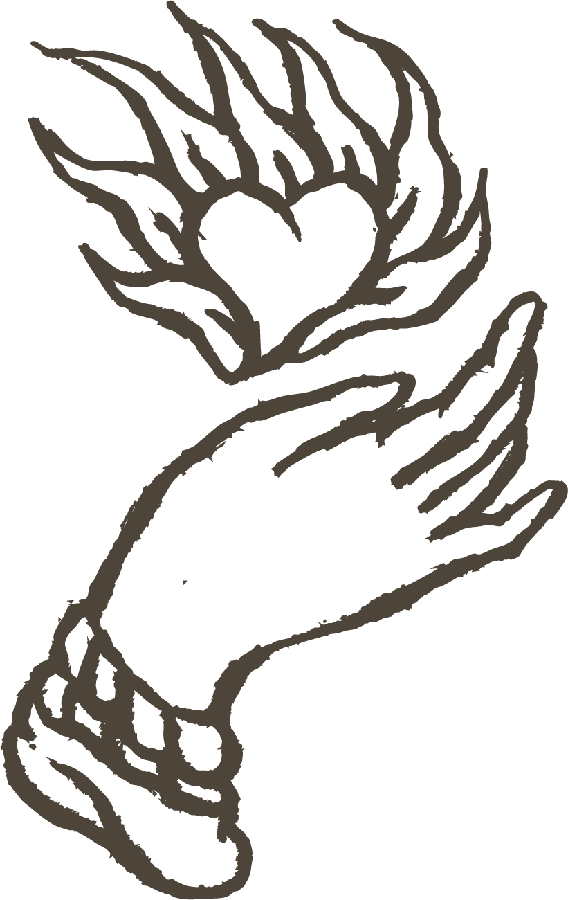 Illustration of a hand holding a flaming heart