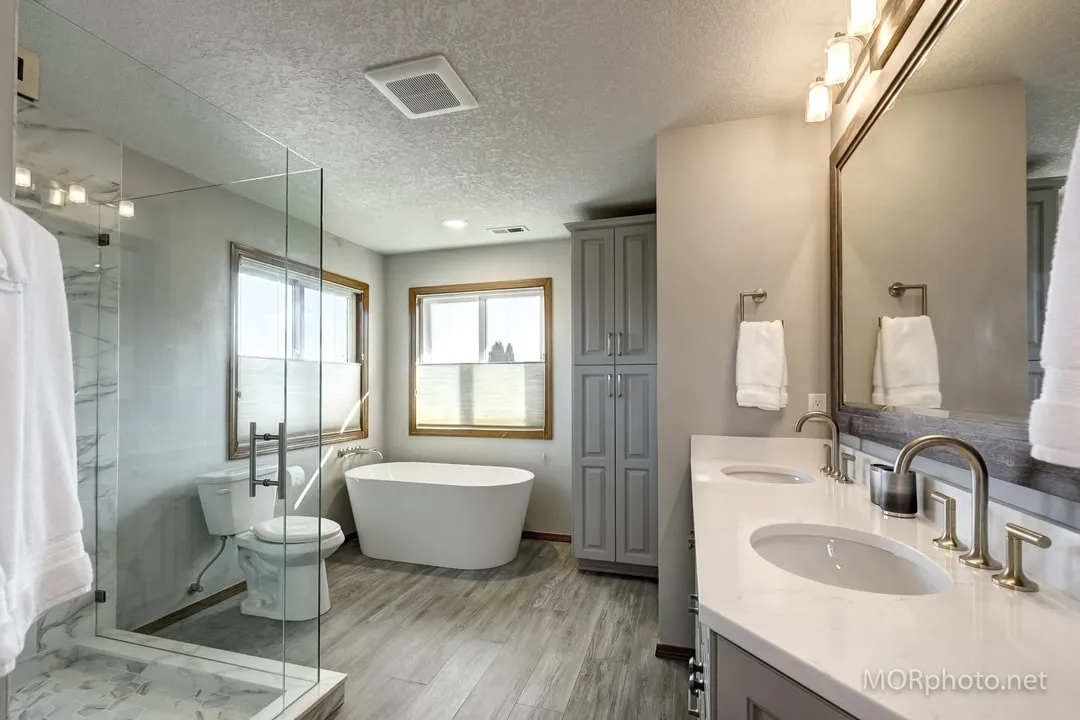 walk-in shower double vanity free standing tub