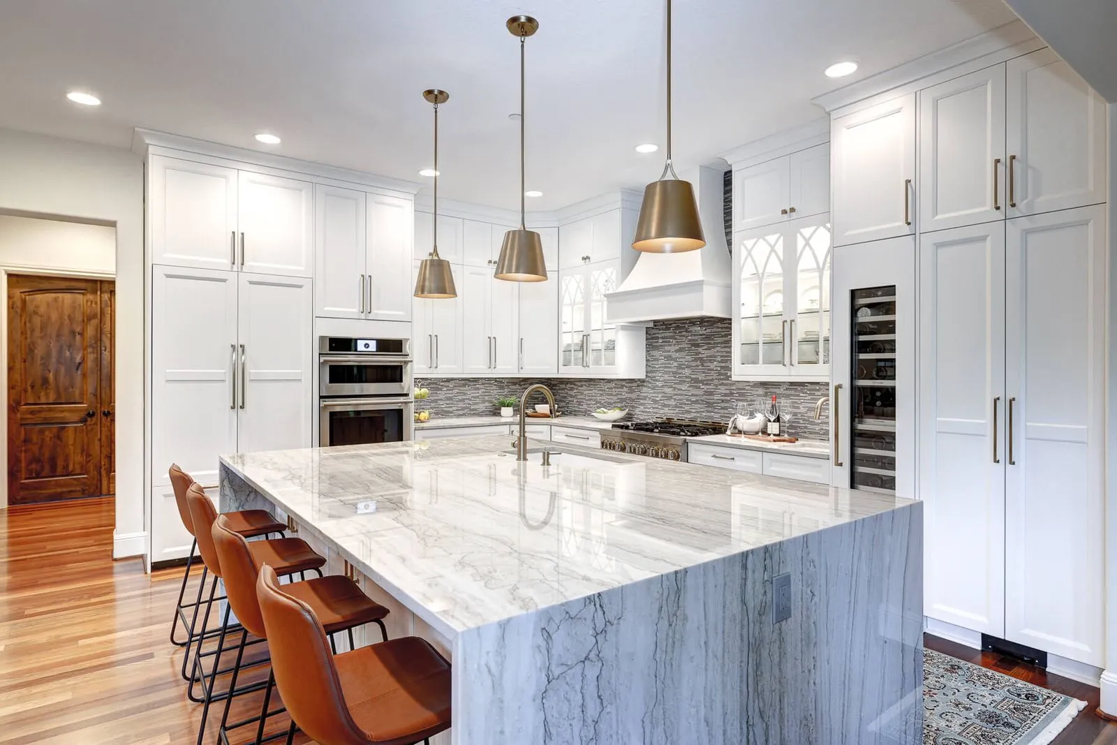 Transitional kitchen neutral colors gold hardware 