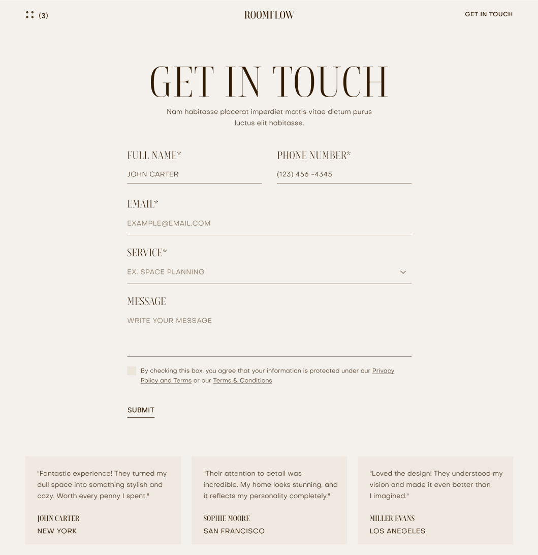 RoomFlow - Contact V1 Main Page - Interior Design Webflow Template | BRIX Templates