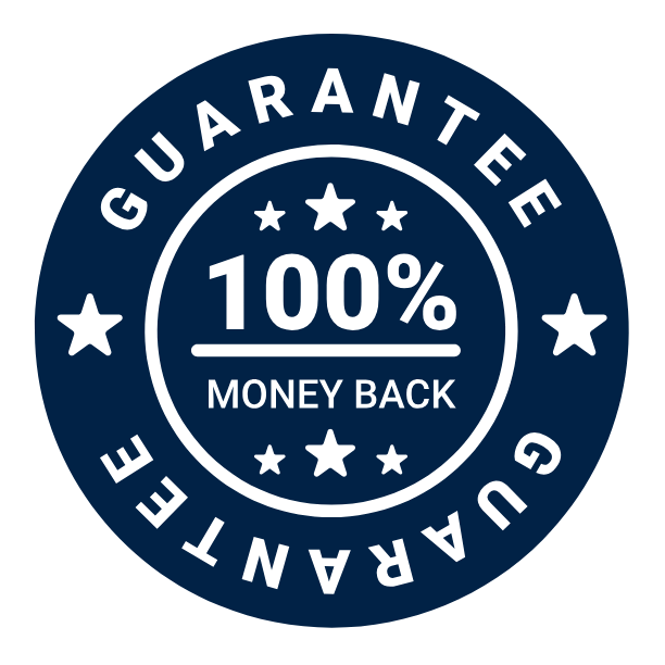 100% Money Back Guarantee seal with stars in navy blue