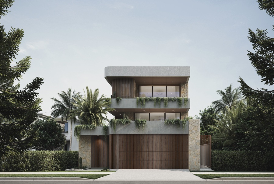 Modern two-story house with wooden slat facade, concrete balconies adorned with hanging plants, and surrounding lush greenery.
