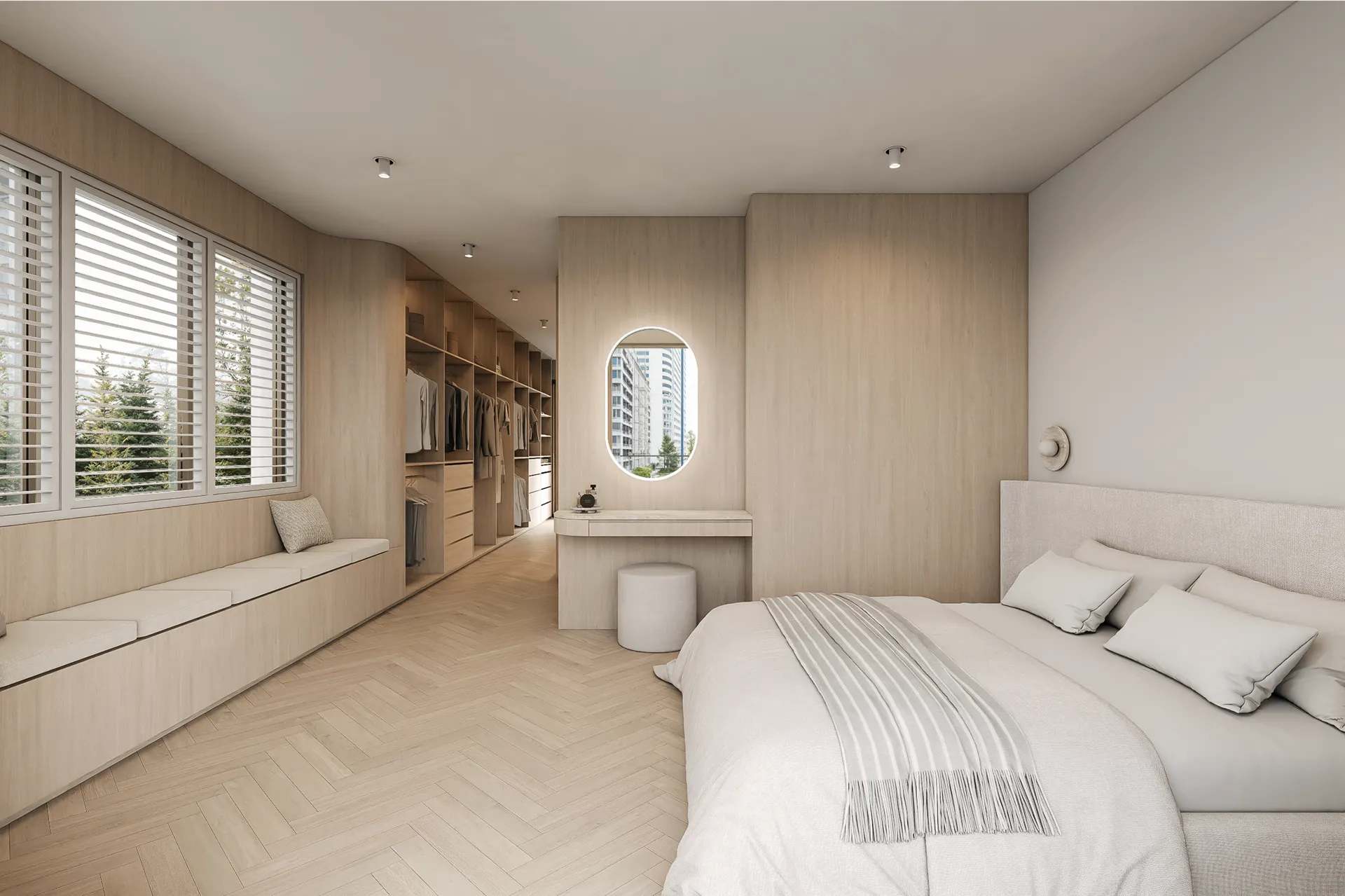 Modern bathroom with double oval sinks, backlit oval mirrors, beige marble walls, glass shower, and a large window overlooking trees and buildings.