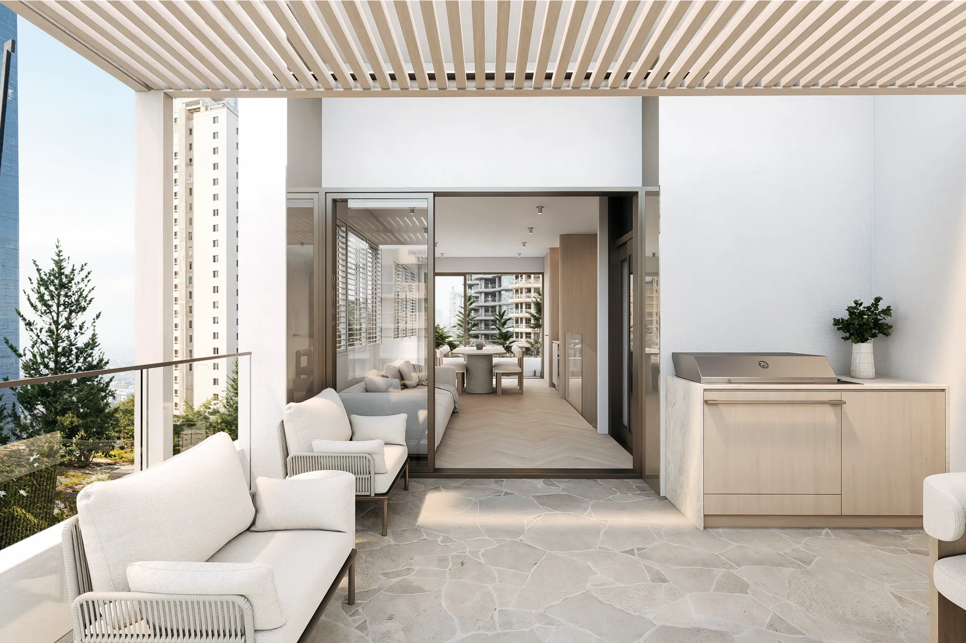 Modern bathroom with double oval sinks, backlit oval mirrors, beige marble walls, glass shower, and a large window overlooking trees and buildings.