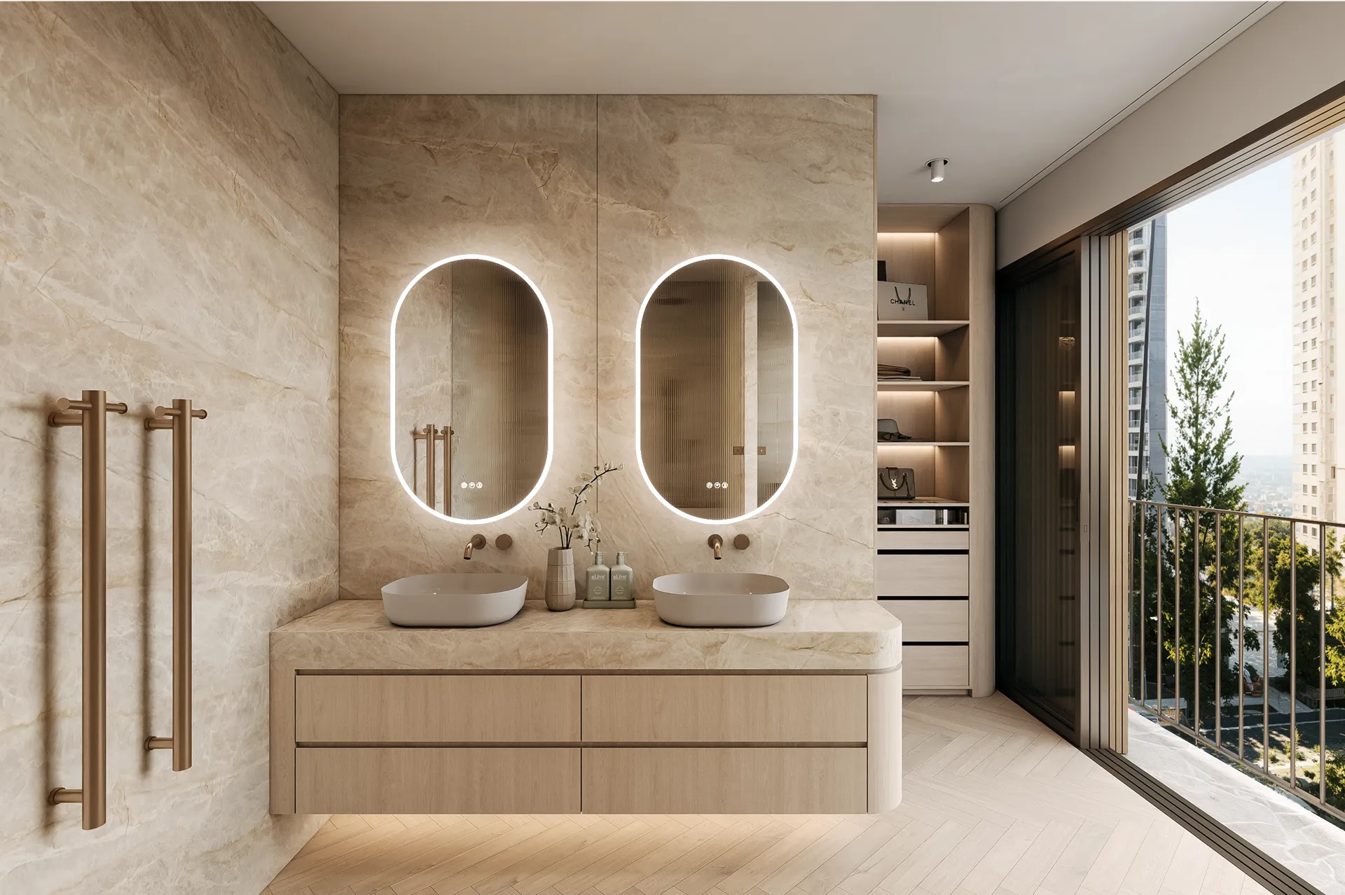 Modern bathroom with two illuminated oval mirrors, matching vessel sinks, beige marble walls, and large sliding glass doors opening to a balcony with city view.