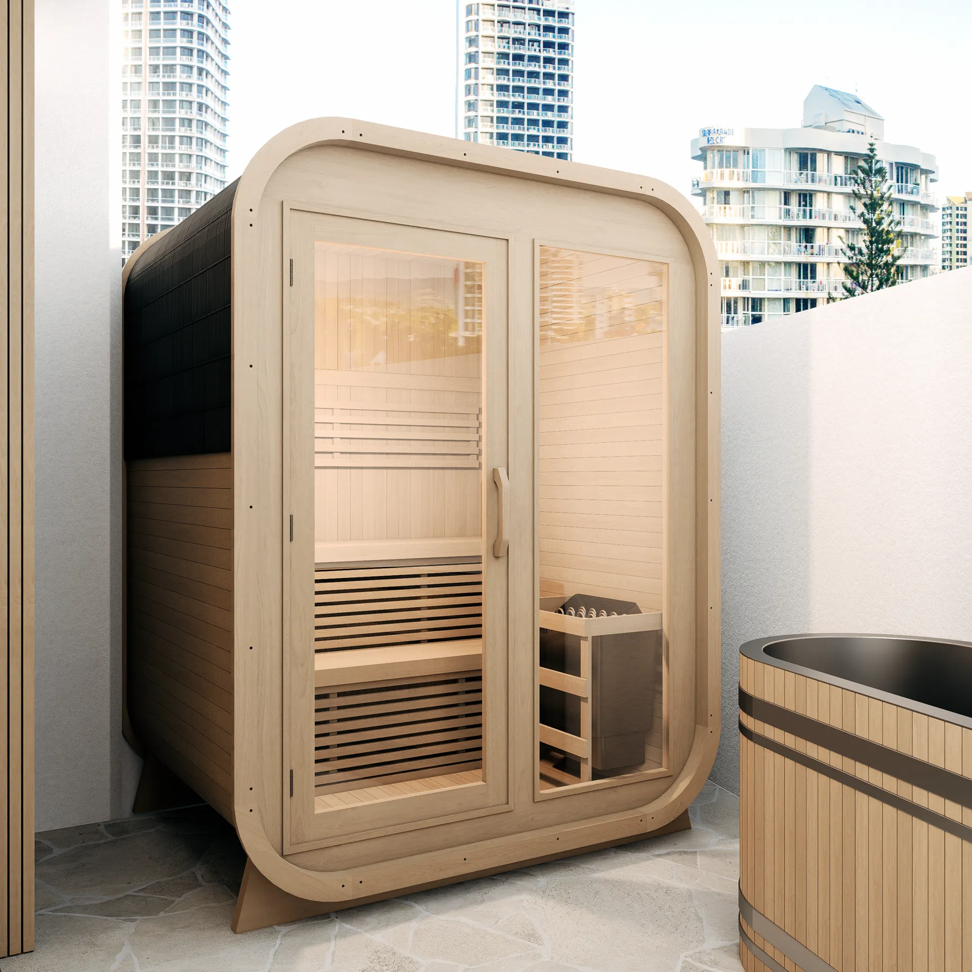 Modern bathroom with double oval sinks, backlit oval mirrors, beige marble walls, glass shower, and a large window overlooking trees and buildings.