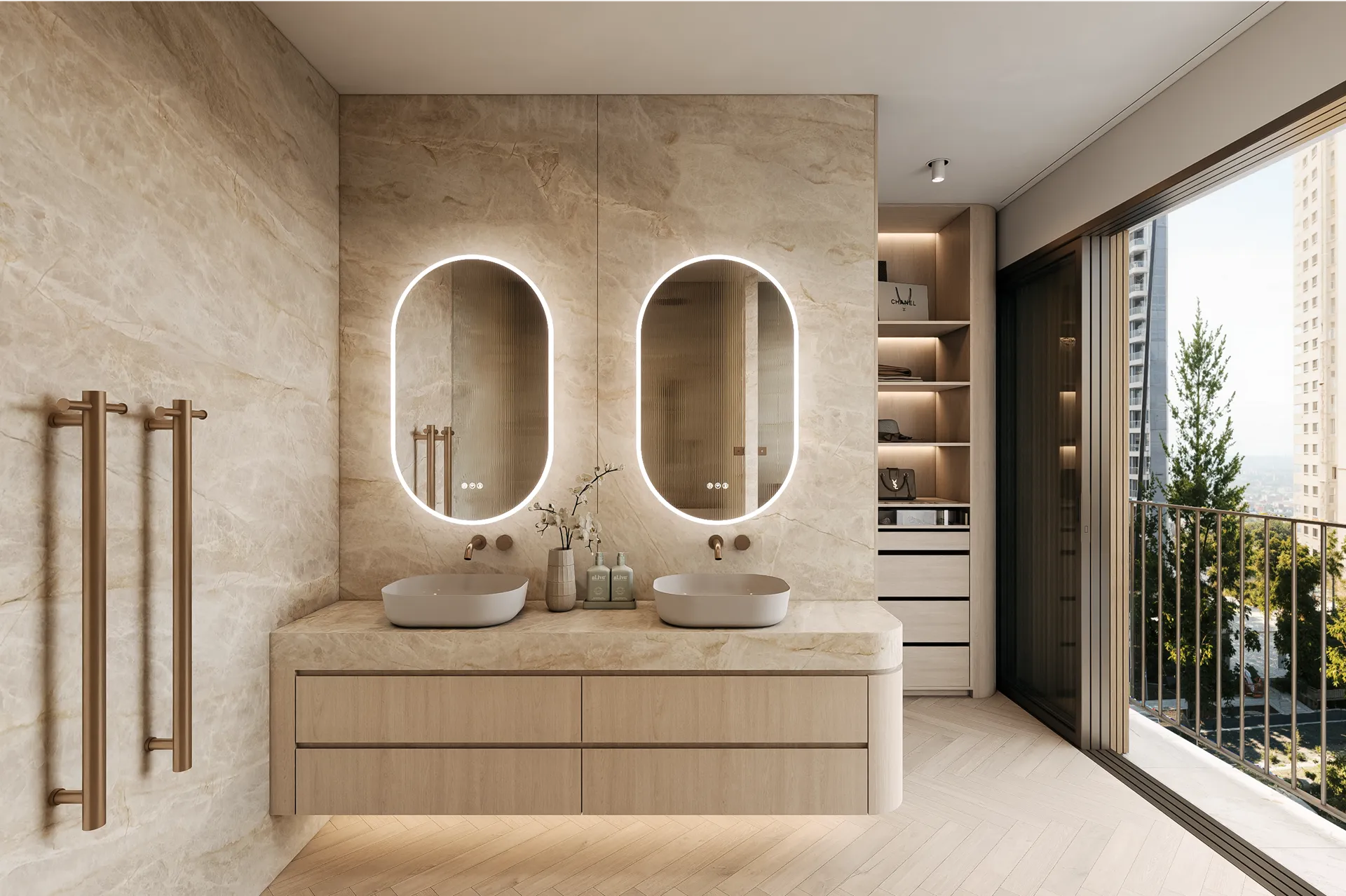 Modern bathroom with double oval sinks, backlit oval mirrors, beige marble walls, glass shower, and a large window overlooking trees and buildings.
