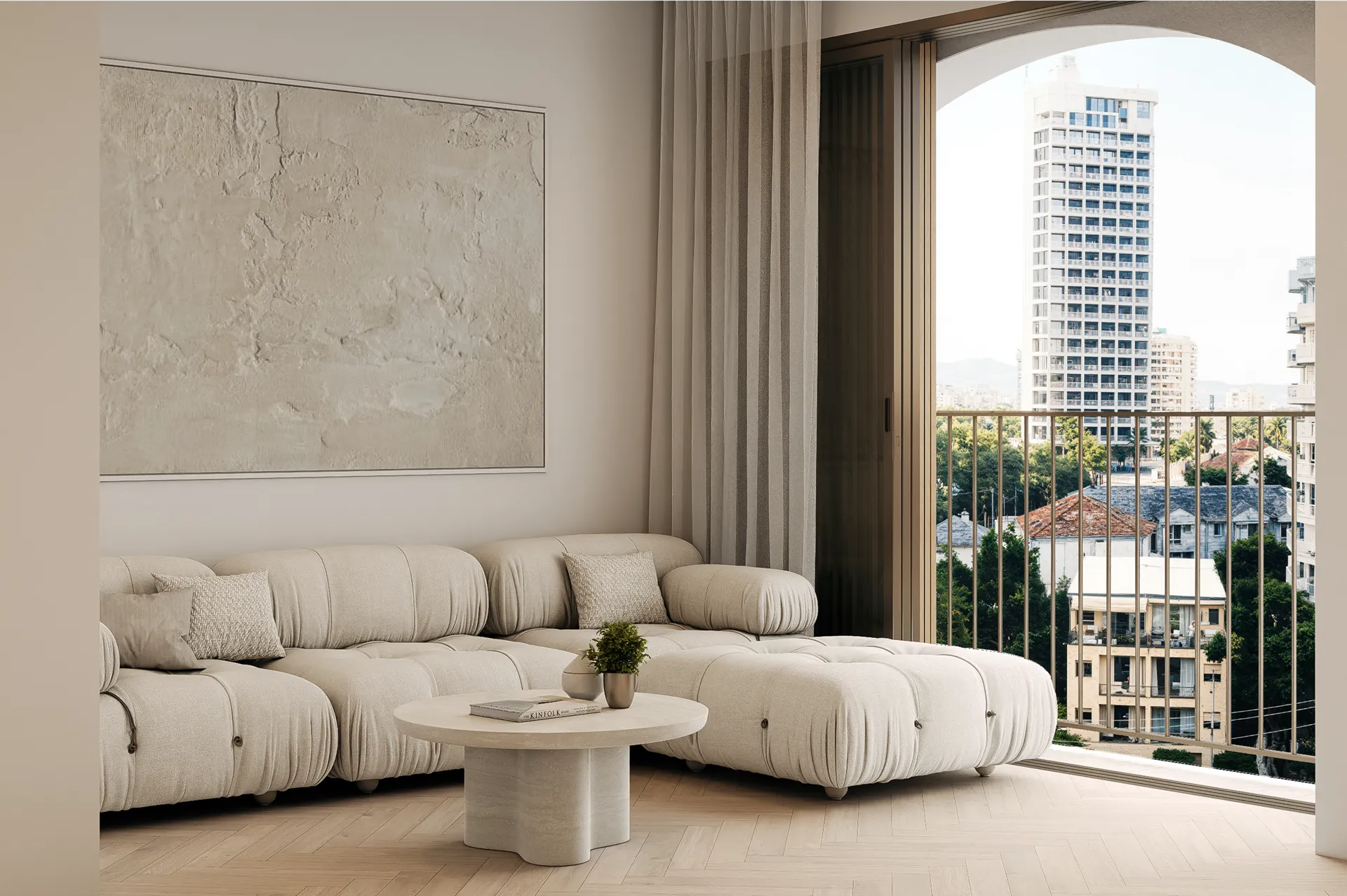 Minimalist bedroom with a large bed, a striped throw, built-in bench under window, walk-in closet with wooden cabinets, and an oval mirror above a vanity.