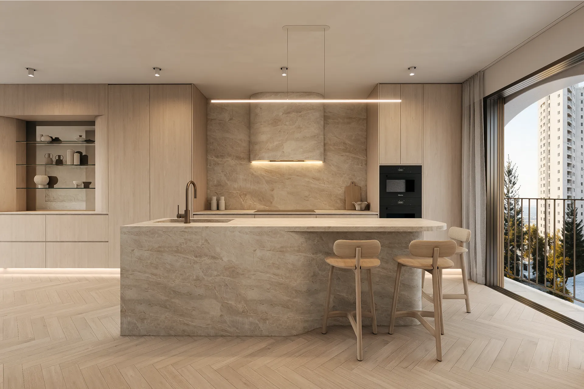 Modern bathroom with double oval sinks, backlit oval mirrors, beige marble walls, glass shower, and a large window overlooking trees and buildings.