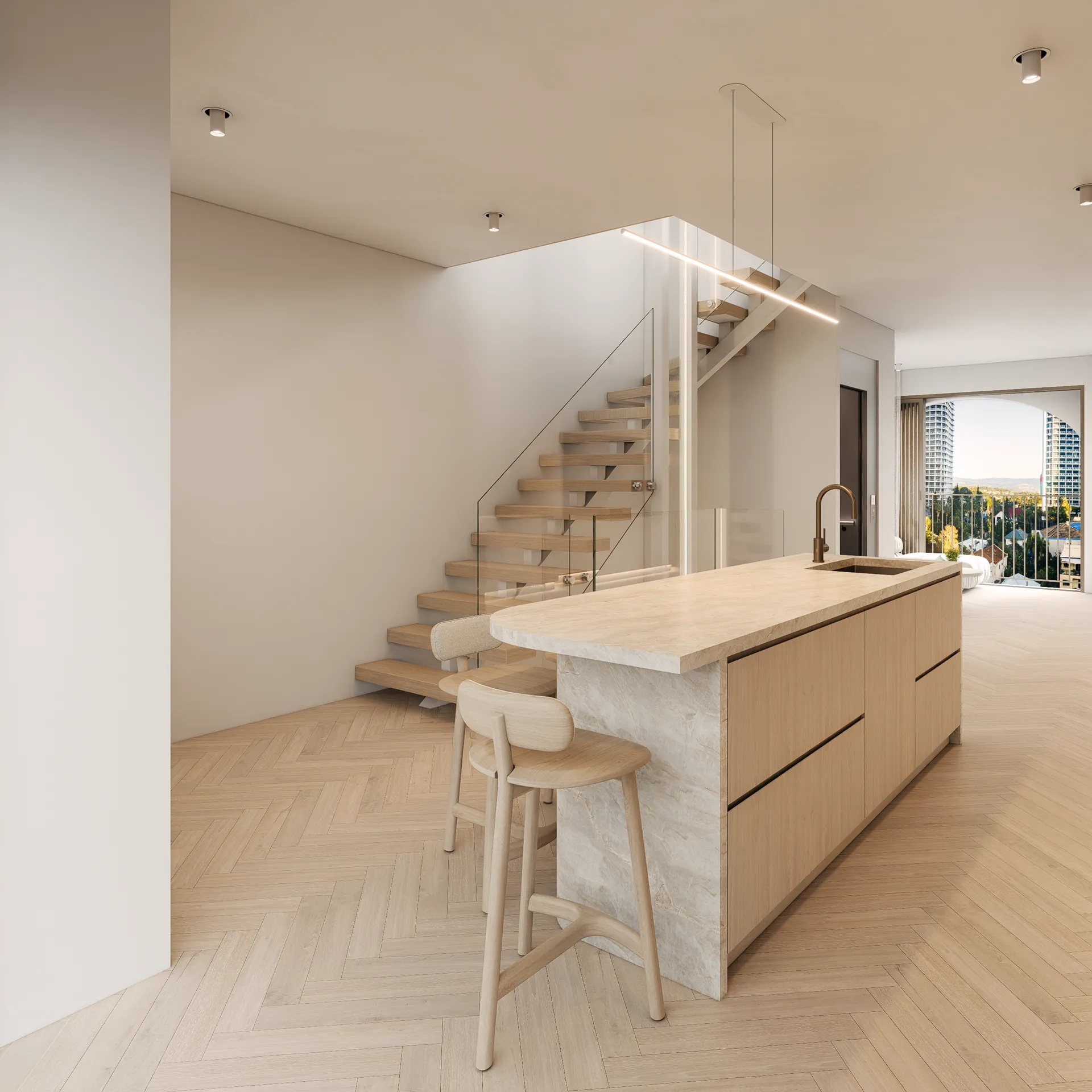 Modern bathroom with double oval sinks, backlit oval mirrors, beige marble walls, glass shower, and a large window overlooking trees and buildings.