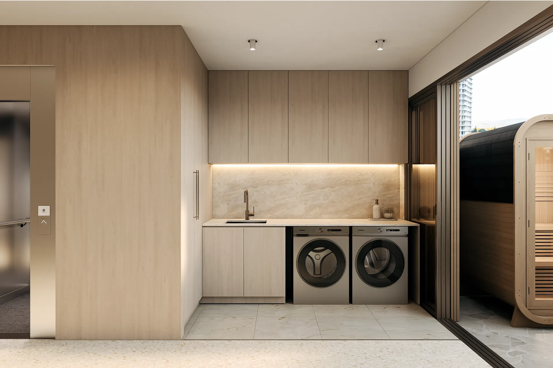 Modern outdoor wooden sauna with glass doors next to a wooden hot tub on a stone patio with city buildings in the background.