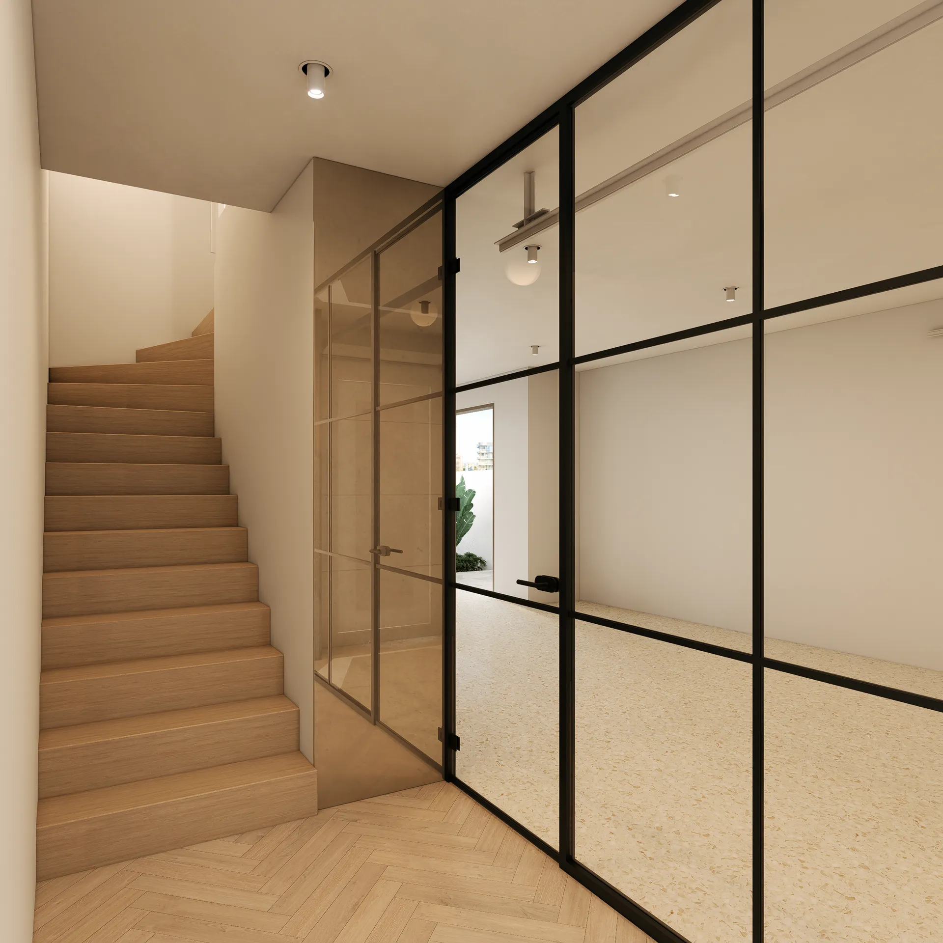 Minimalist bedroom corner with a beige upholstered bed, neutral bedding, and a wooden vanity table with an oval mirror and stool.