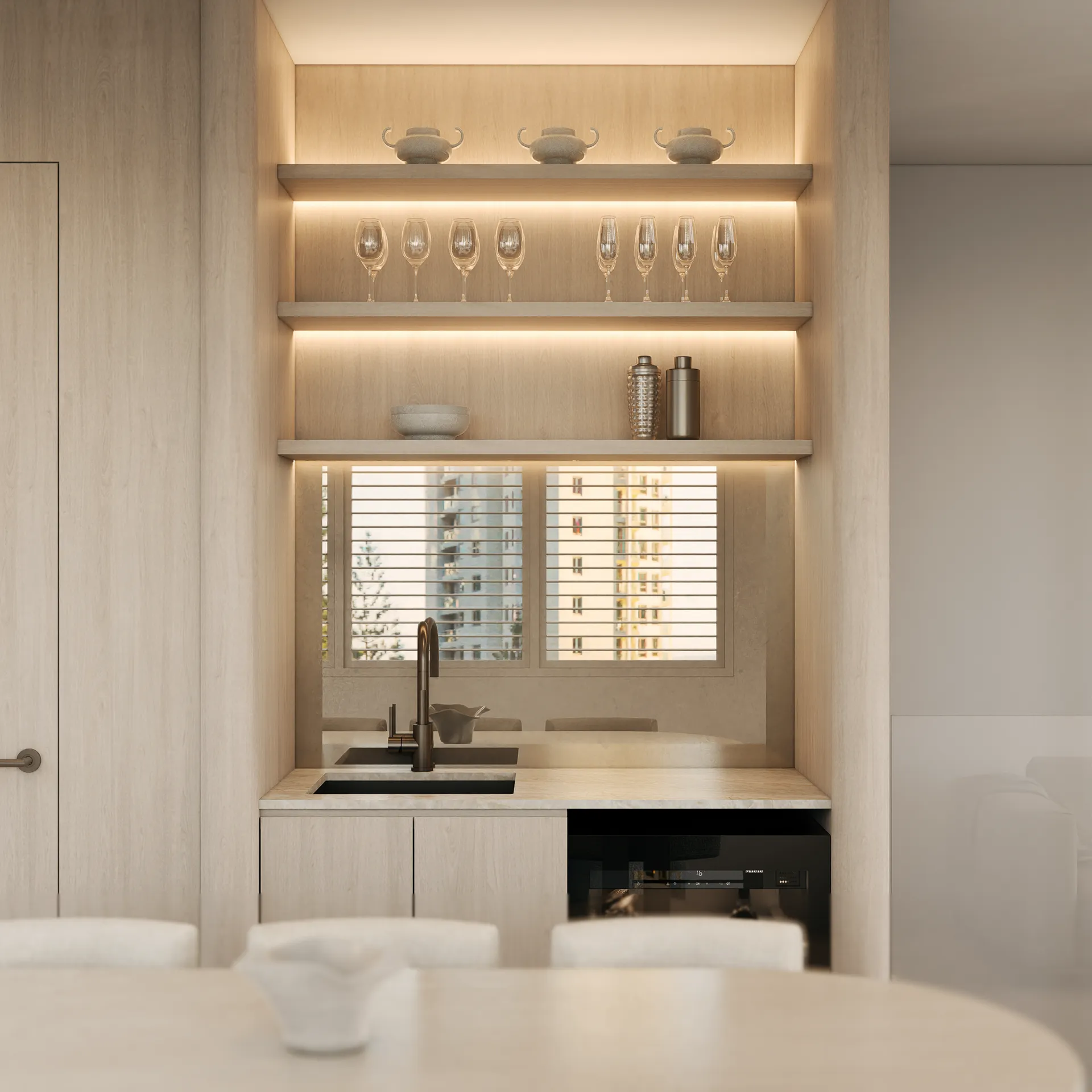 Modern open kitchen and living area with wood panel cabinetry, built-in TV, kitchen island with marble finish, and city view through large window.