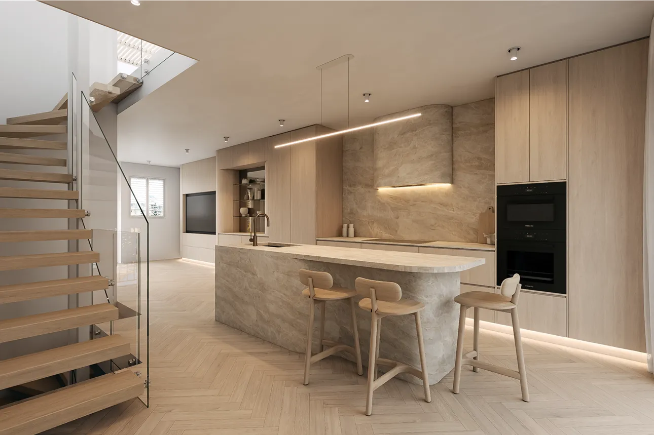 Modern kitchen with wooden cabinetry, a marble island with three wooden bar stools, built-in ovens, and a floating wooden staircase with glass railing.