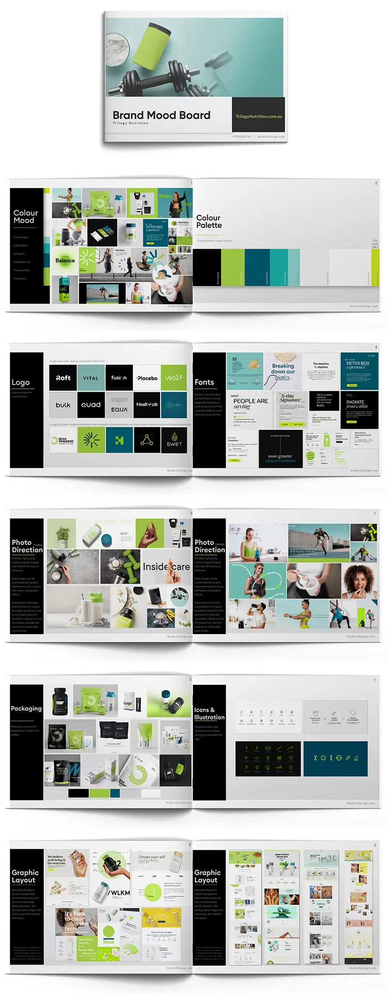 Trilogy Nutrition brand mood board booklet displaying color mood, color palette, logos, fonts, photo direction, packaging, icons, illustration, and graphic layout examples with green, black, and white design elements.