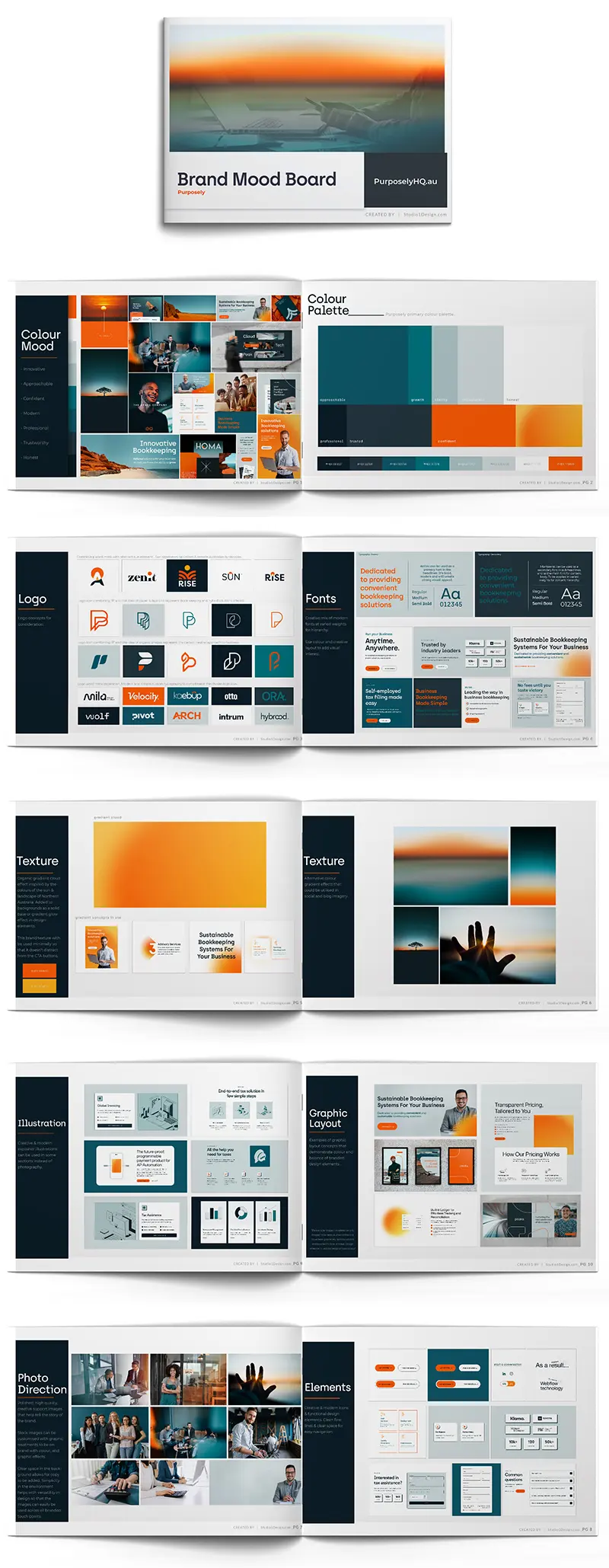 Open brand mood board book showing pages on color mood, palette, logos, fonts, textures, illustrations, graphic layout, photo direction, and design elements.