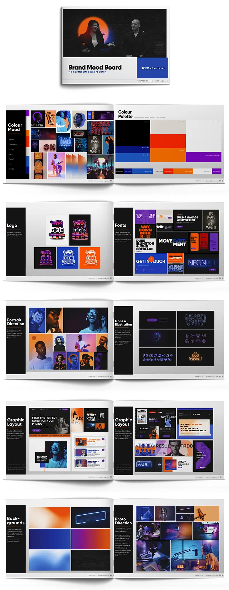 Brand mood board layout with podcast cover, color moods, palettes, logos, fonts, portrait styles, icons, graphic layouts, backgrounds, and photo directions using vibrant blues, oranges, purples, and black.
