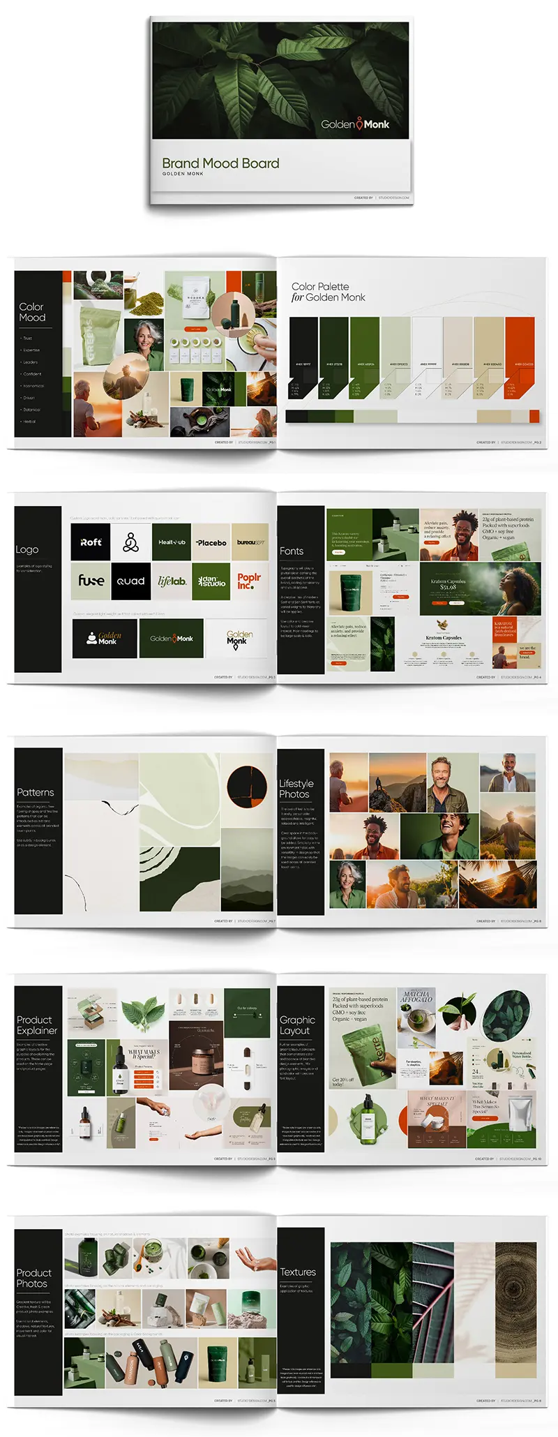Brand mood board for Golden Monk showing color palette, logos, fonts, patterns, lifestyle photos, product images, graphic layouts, and textures with green and earthy tones.