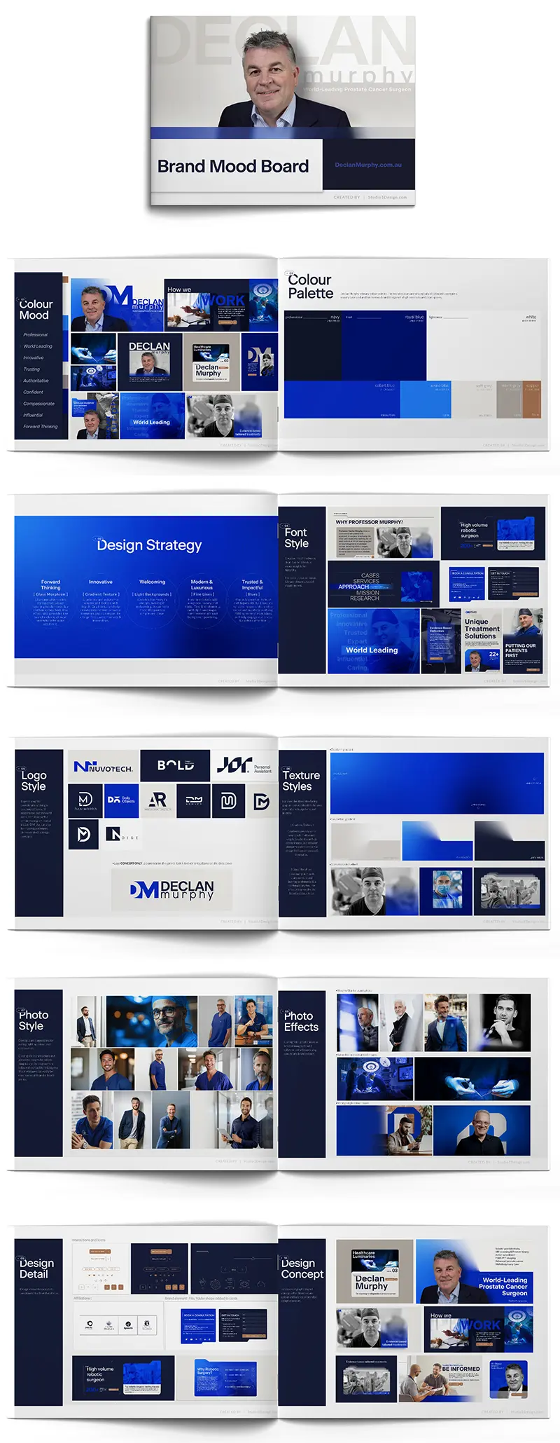 Brand mood board and design guidelines for Declan Murphy, featuring color palettes, font styles, logo styles, photo styles, photo effects, and design concepts highlighting a professional, trustworthy brand identity.