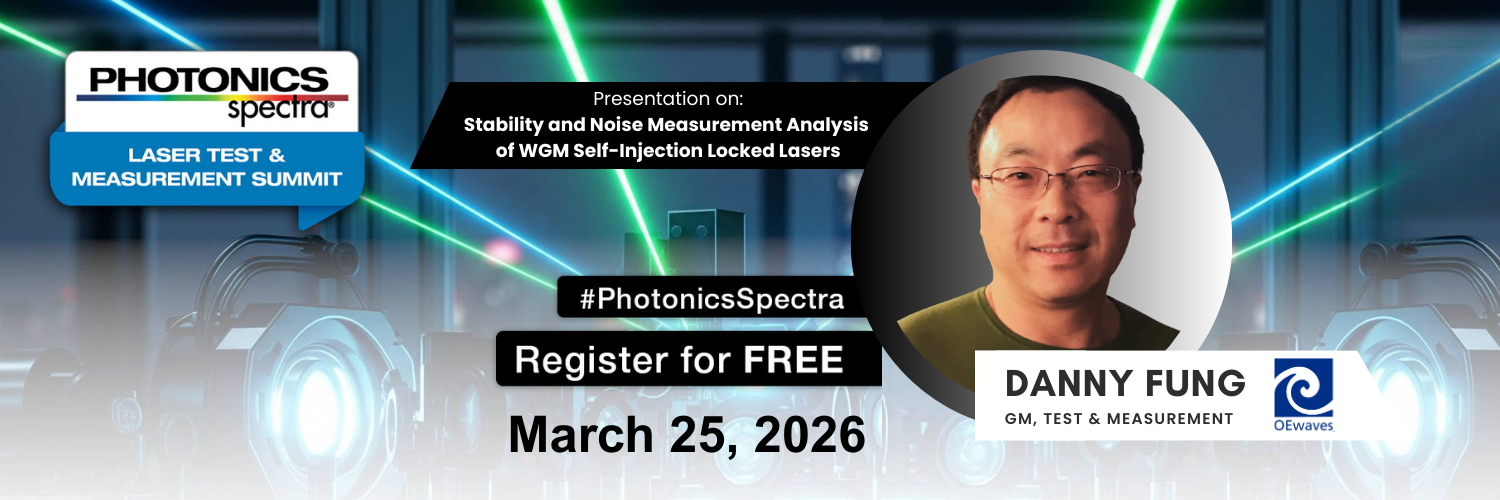 Banner highlighting that OEwaves will be presenting at Photonics Spectra Test and Measurement Summit on March 25, 2026.
