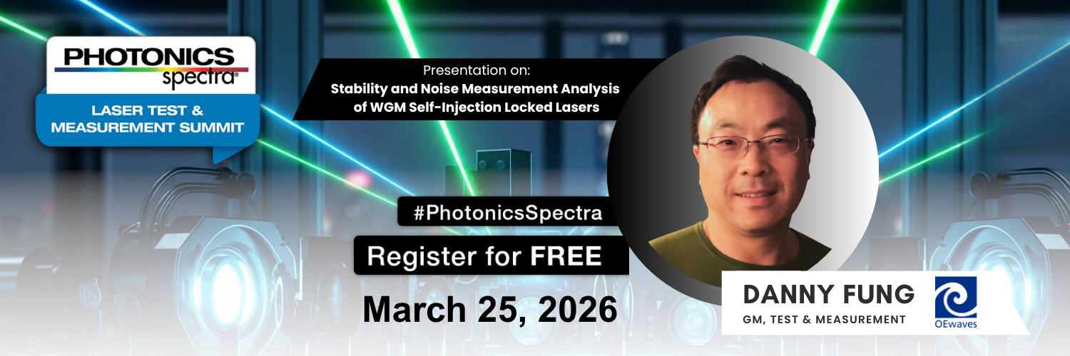 Banner highlighting that OEwaves will be presenting at Photonics Spectra Test and Measurement Summit on March 25, 2026.
