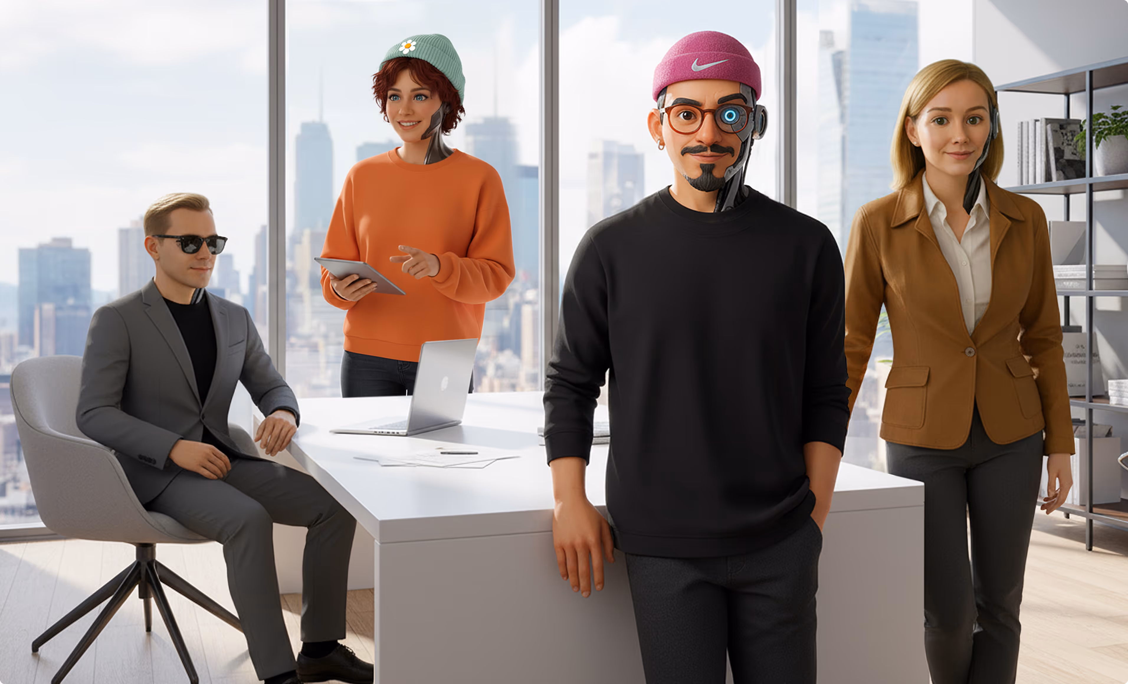 Four diverse professionals with robotic enhancements in a modern office with city view, some using digital devices.