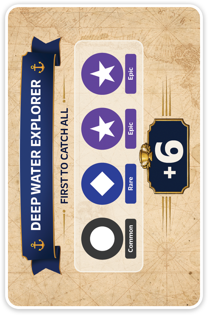 Deep Water Explorer Open Tournament: first to catch one Common, one Rare, and two Epic Fish, plus six points