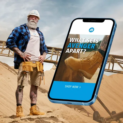 Man standing on work site, with a floating phone with ad playing