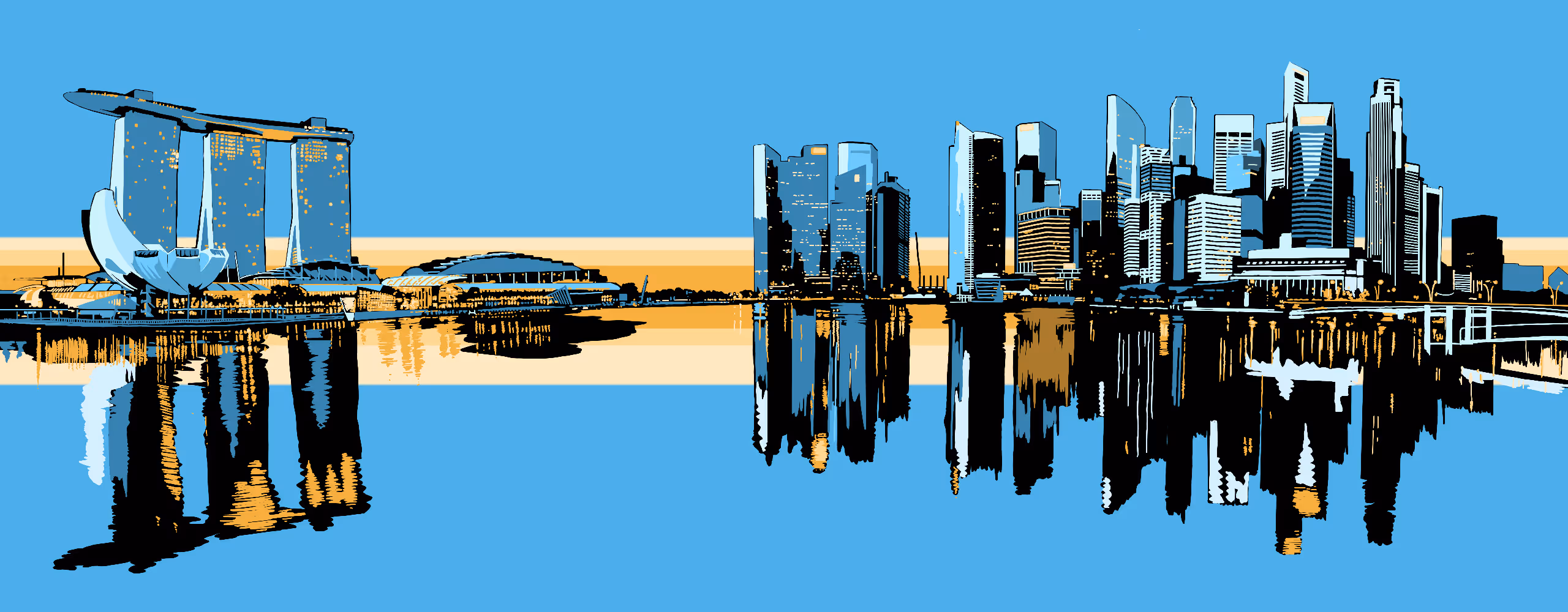 Stylized illustration of Singapore skyline with Marina Bay Sands and city skyscrapers reflected in water.