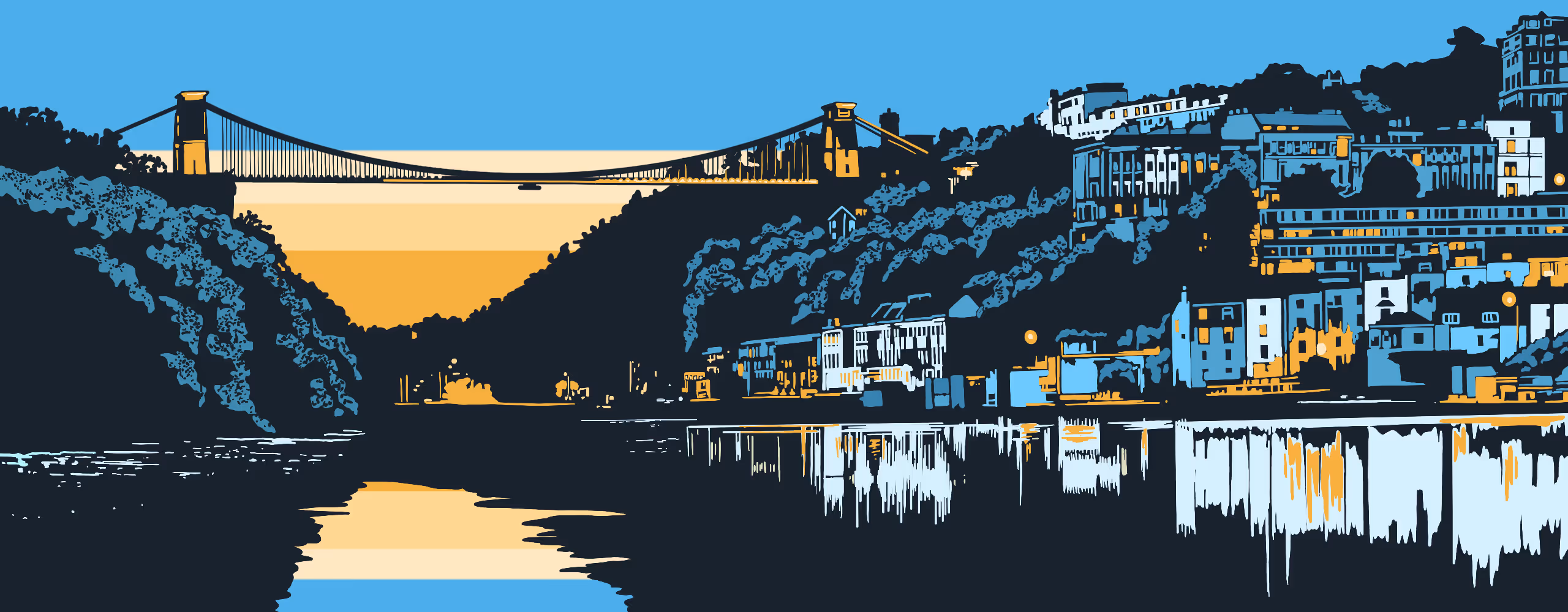 Stylized illustration of Clifton Suspension Bridge spanning a river with buildings and trees reflecting in the water at sunset.