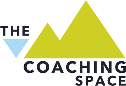 Logo with text 'THE COACHING SPACE' featuring two green triangular mountain shapes above the words.