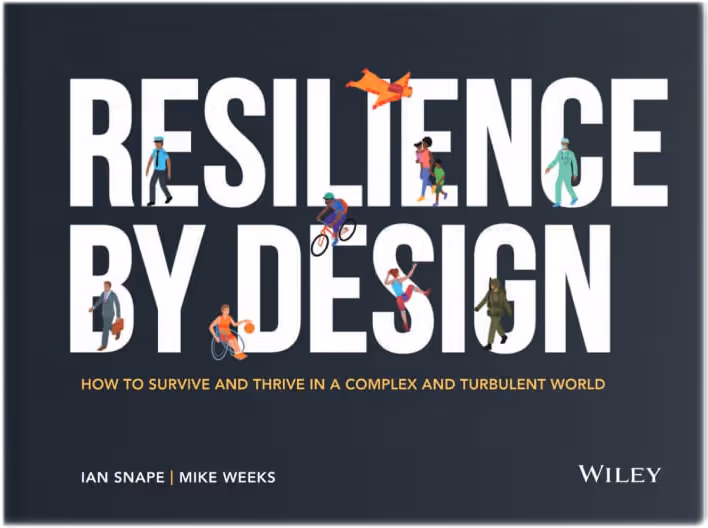 Book cover titled 'Resilience by Design' with subtitle 'How to Survive and Thrive in a Complex and Turbulent World,' featuring small illustrated figures and an airplane on large white text on a dark background.